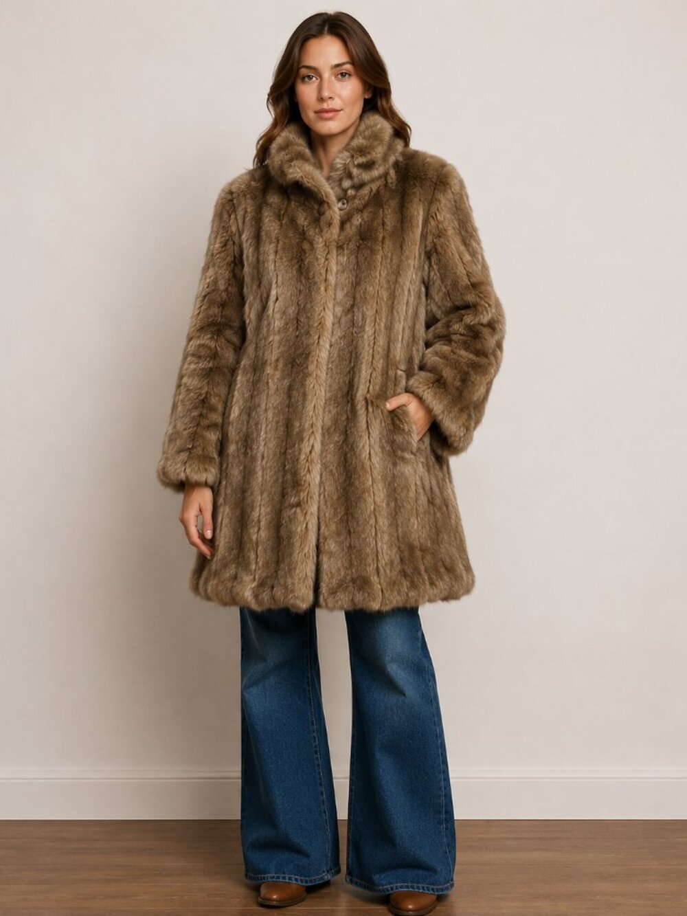 Vintage USA Made Faux Fur Coat Women’s Large Brown Plush Jacket